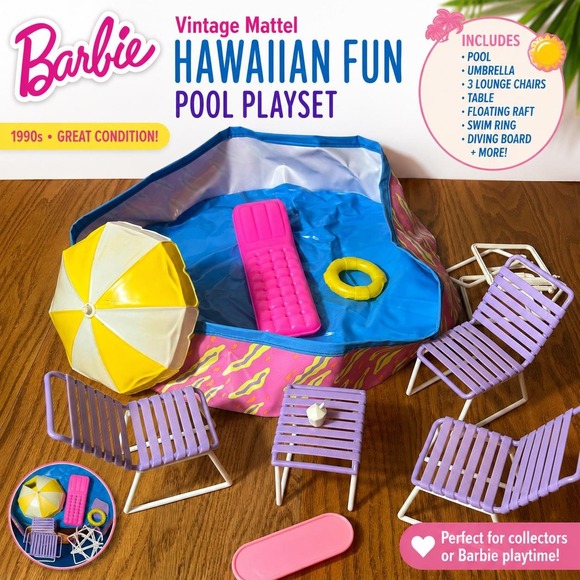 Mattel Other - Vintage Mattel Barbie Hawaiian Fun Pool Playset Chairs Umbrella Accessories Lot